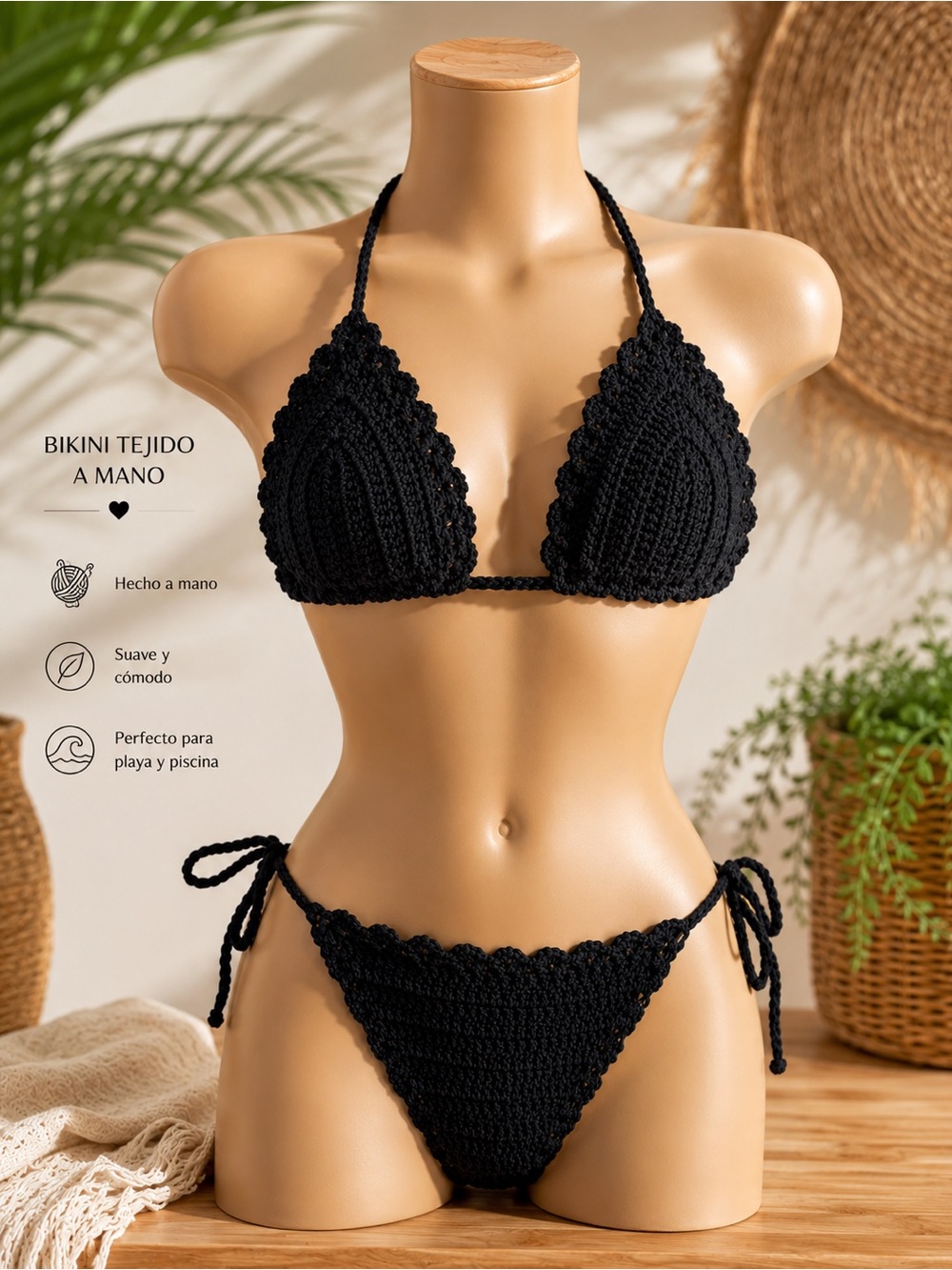 Handmade Black Crochet Bikini Set - Women Swim